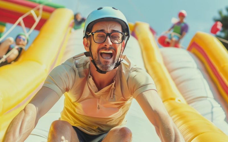 Summer Fun: Adult Man in Helmet Takes the Plunge Down Inflatable Slide with Friends at Outdoor Amuse