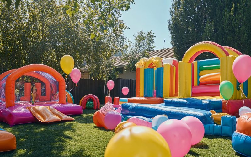 A vibrant kid outdoor playdate with inflatables, party games, and bright balloons