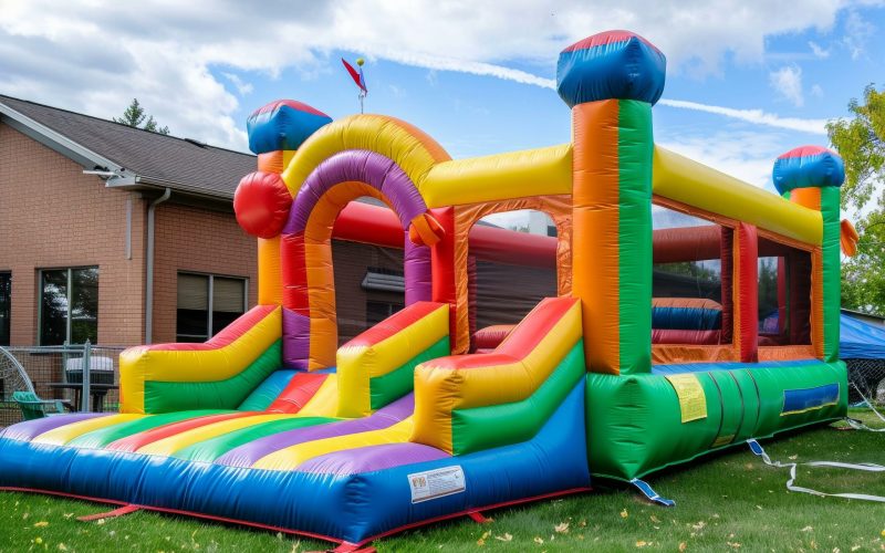 Colorful inflatable bouncy castle with slide on green grass