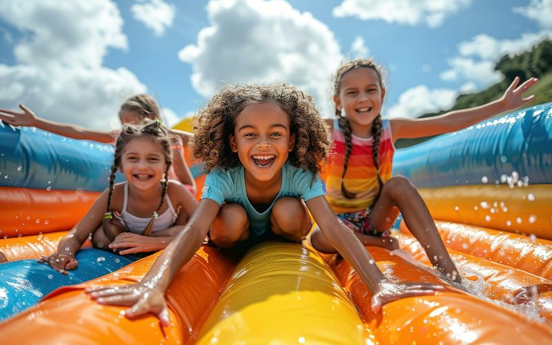 Sunny Fun: Kids Radiate Joy on Inflatable Bounce House